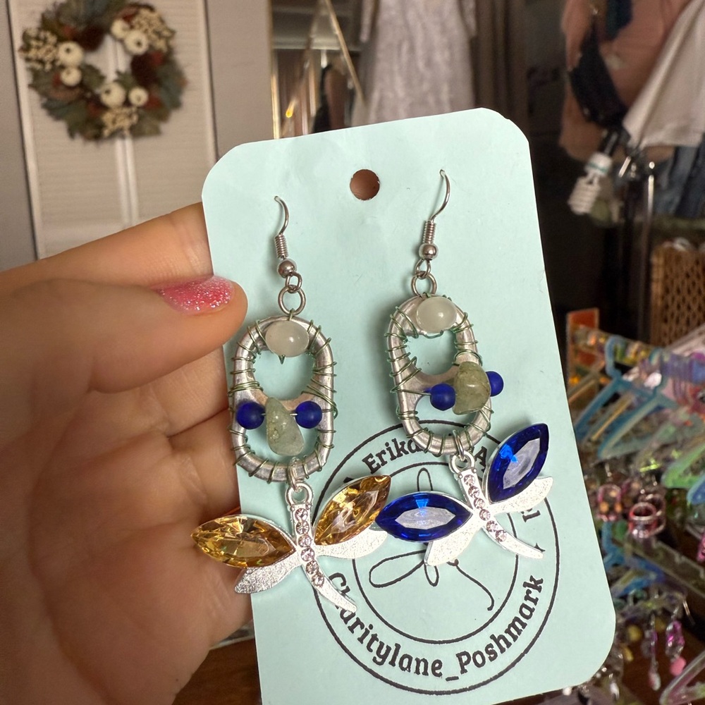 Silver and Blue Dragonfly Dangle Earrings pick color of bug